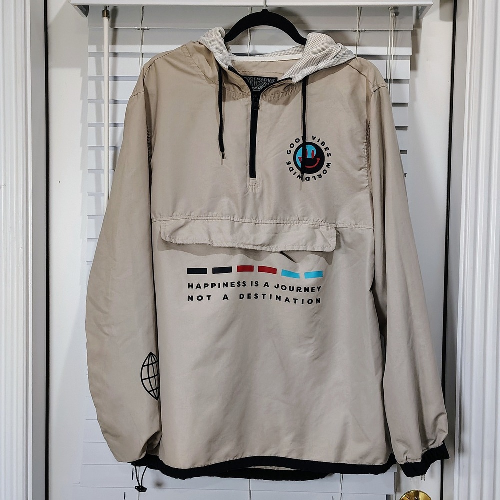 Brooklyn Cloth Anorak Jacket Men L Tan Hooded Windbreaker 1/4 Zip Skater Y2K